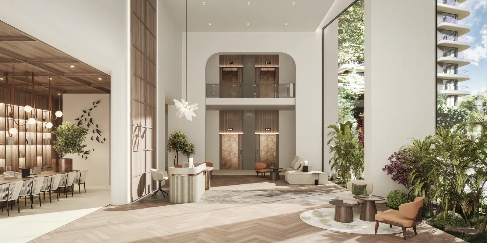 Warm lobby interior render at Verdes by Haven, Aldar’s residential brand on Yas Island, Abu Dhabi