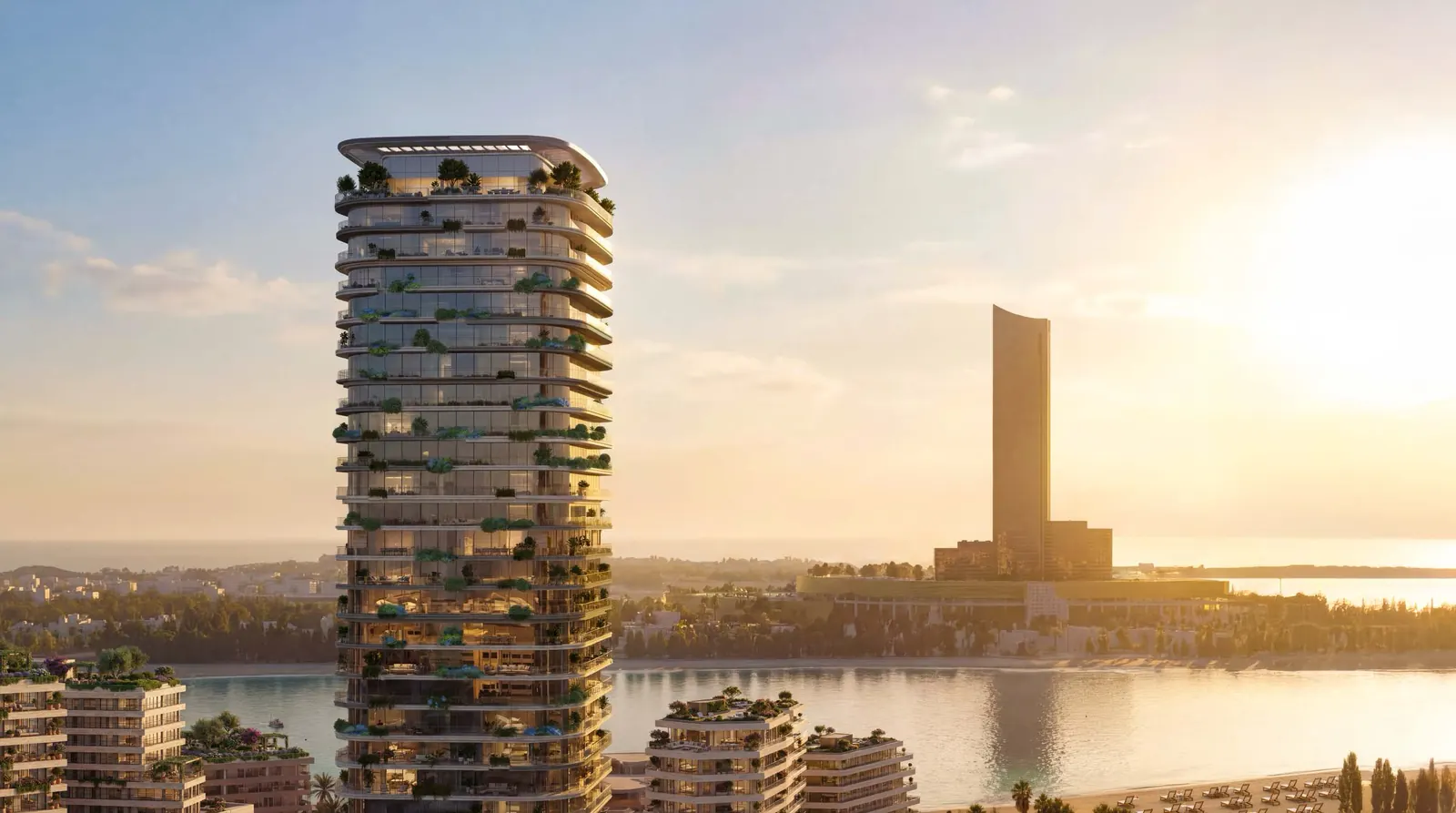 Exterior render of Le Chateau by BEYOND at dusk, with the Wynn Al Marjan Island resort in view
