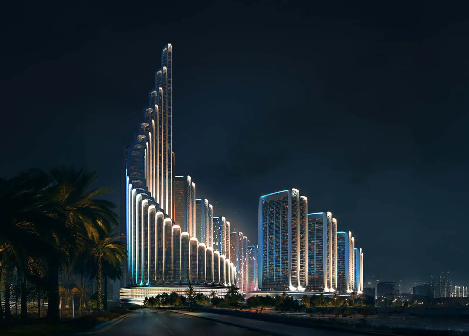 Night skyline render of the Mercedes-Benz Places towers by Binghatti, Business Bay, Dubai