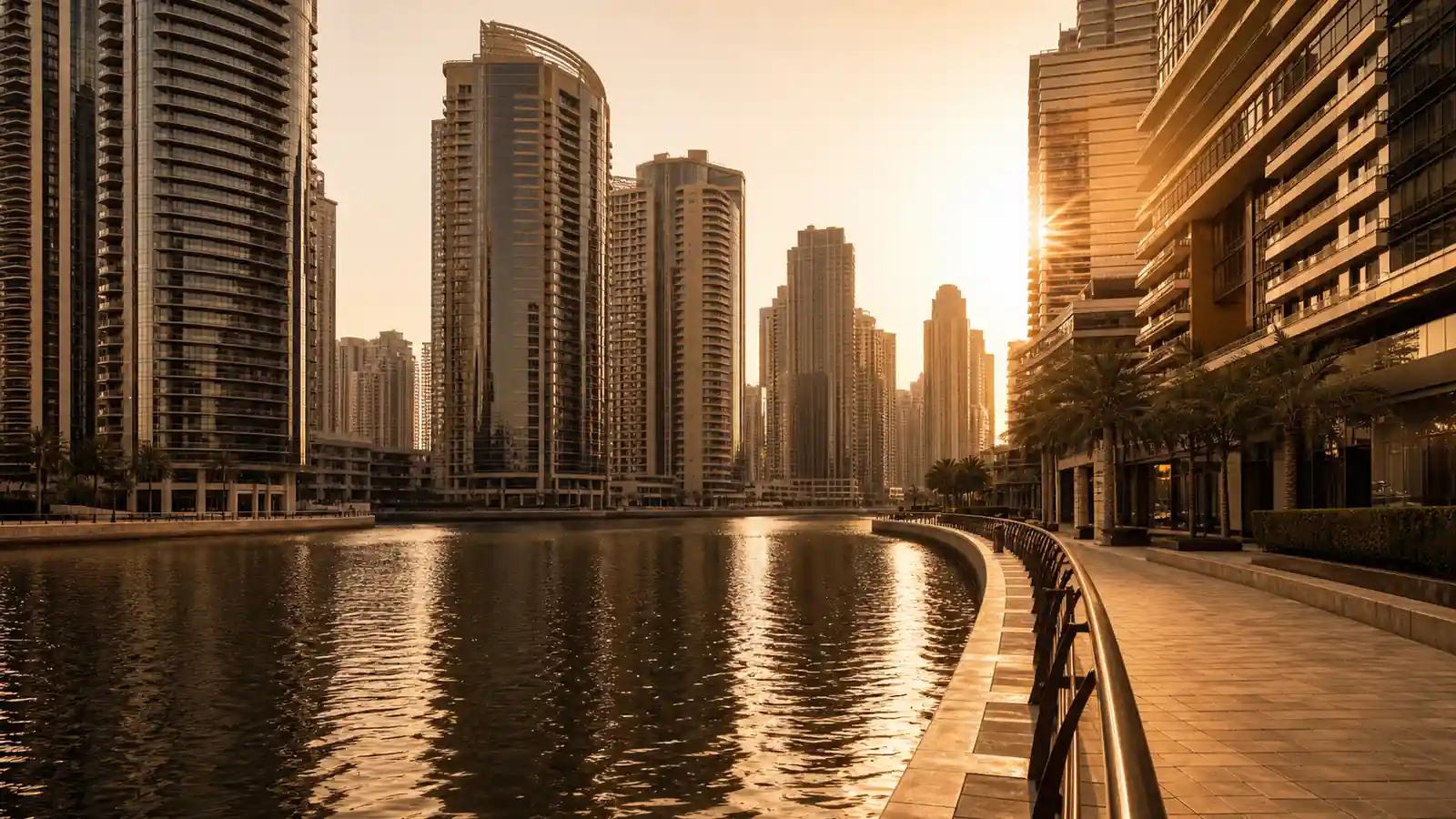 Business Bay canal-front towers and waterfront promenade at golden hour