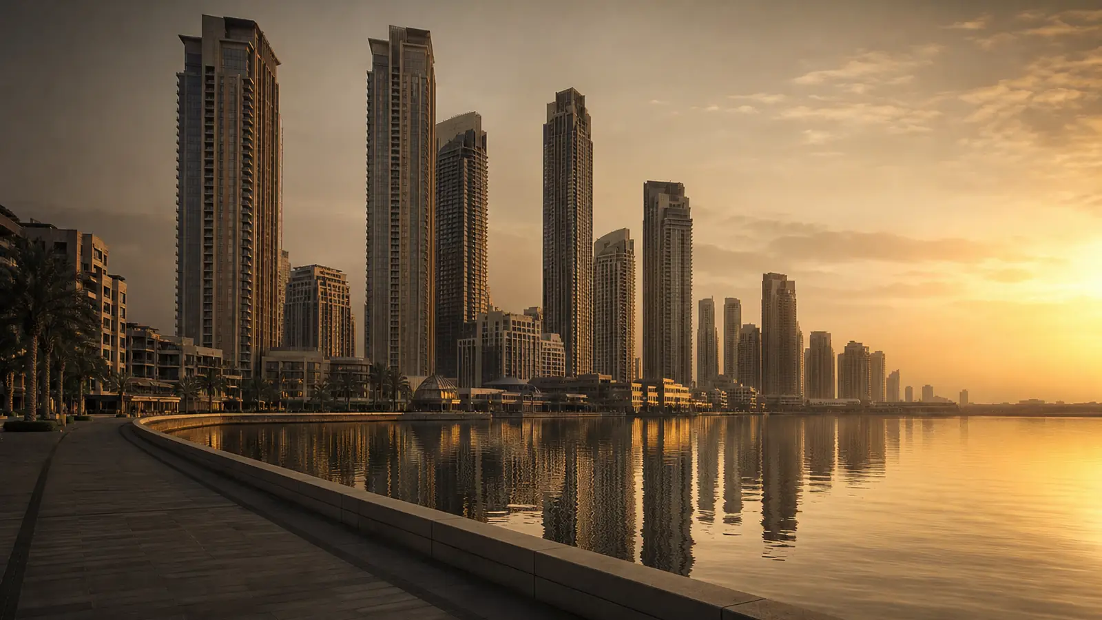 Dubai Creek Harbour waterfront towers reflected in the creek at sunset