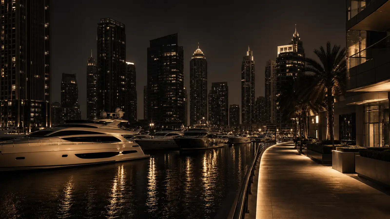 Dubai Marina waterfront walk lined with yachts and glass towers at dusk