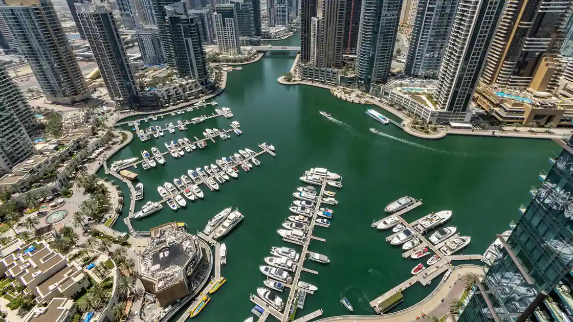Residential towers and pedestrian promenade around Dubai Marina