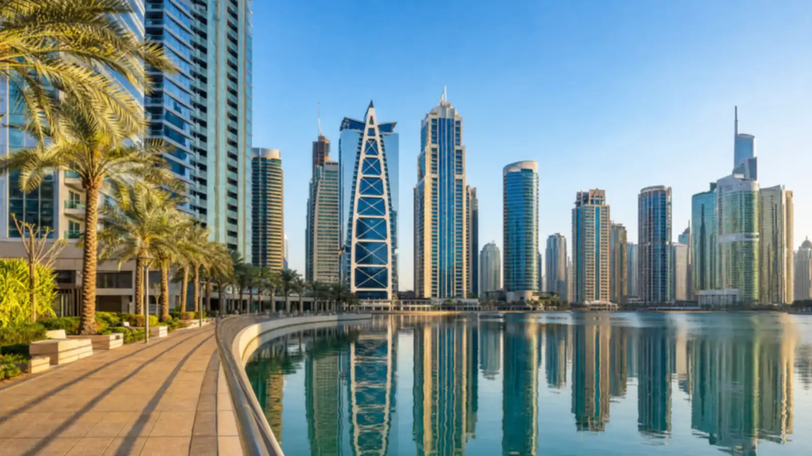 Daytime view of the JLT lakeside promenade lined with palm trees, with the tower cluster reflected across the water