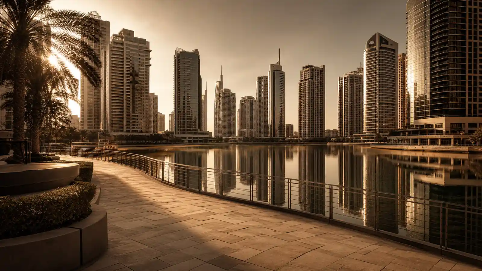 Jumeirah Lake Towers reflected in the lake beside the lakeside promenade
