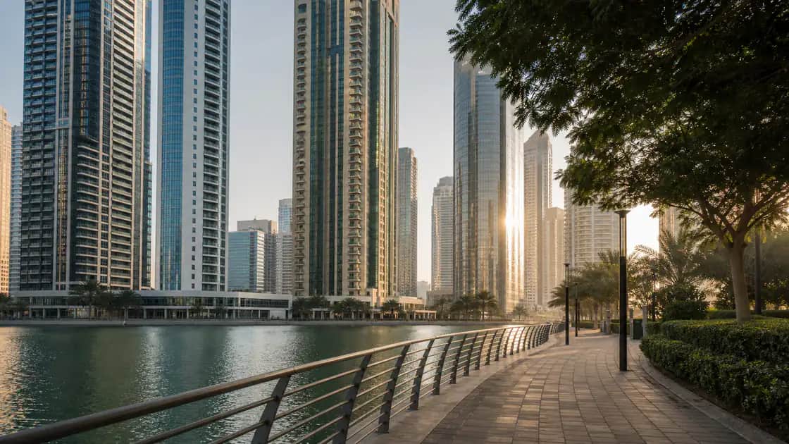 Mixed-use residential towers and landscaped public spaces in JLT Dubai