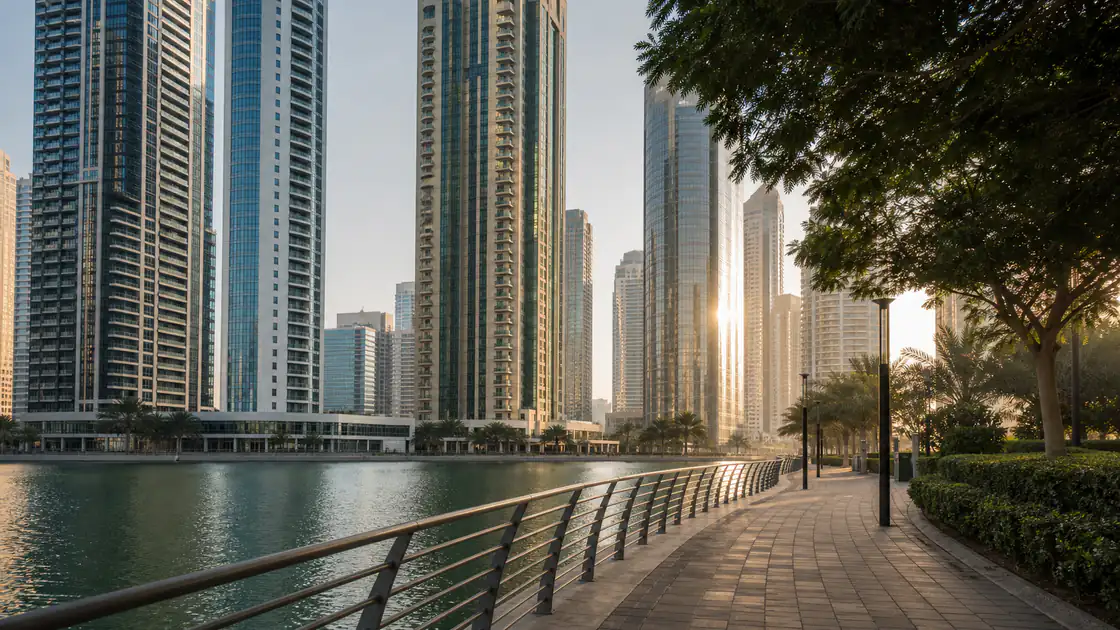 Mixed-use residential towers and landscaped public spaces in JLT Dubai