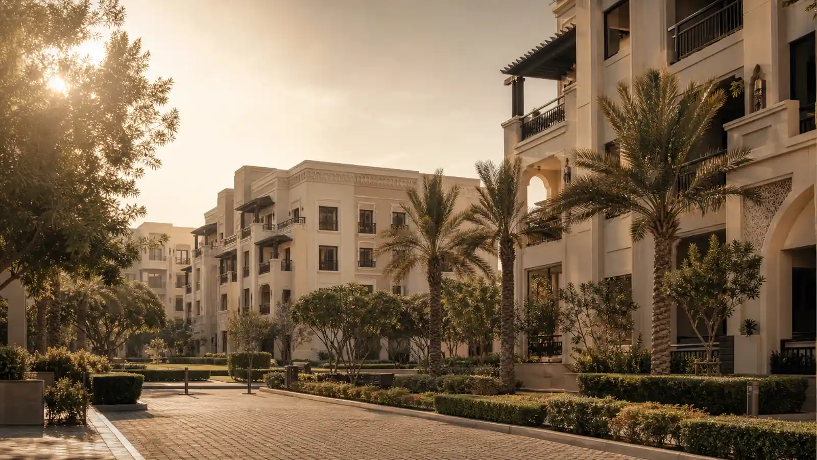 Jumeirah Village Circle low-rise residential streets with landscaped gardens