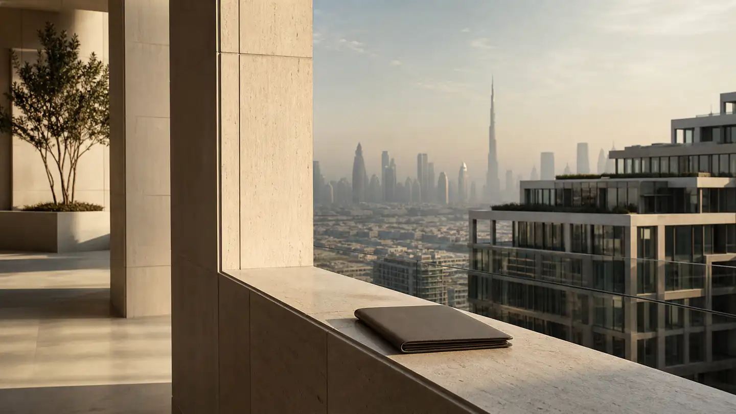 Dubai property documents and district map arranged for an investment decision review