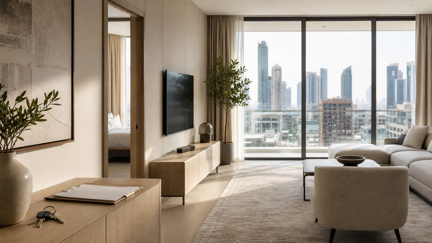Overseas owner reviewing Dubai rental management reports and property documents