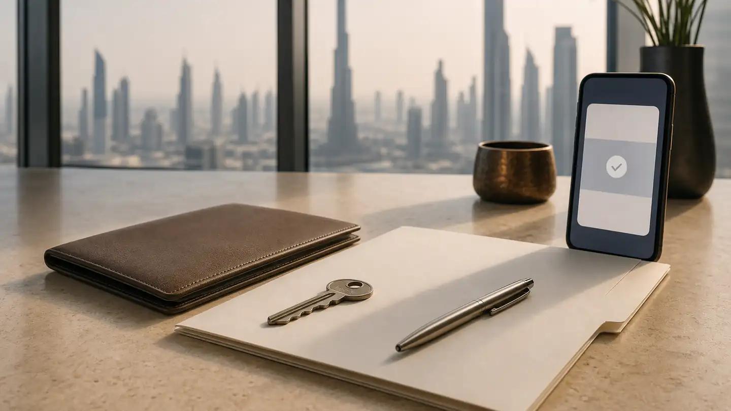 Dubai property folder, keys, pen and phone on a desk overlooking the city skyline
