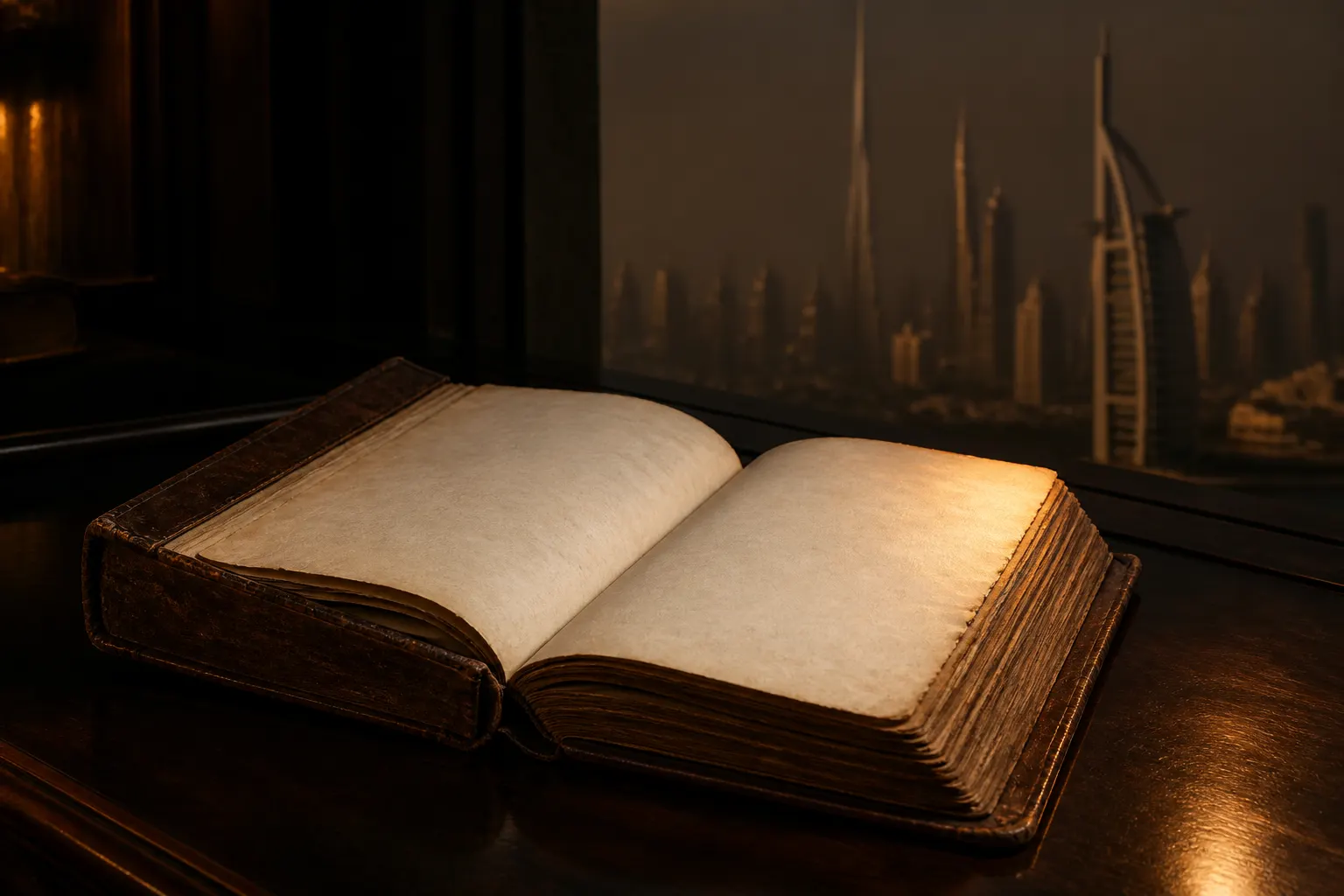 Property registry ledger open on a desk with the Dubai skyline through a window behind it