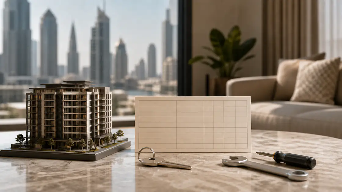 Dubai apartment management records reviewed beside an annual service-charge statement