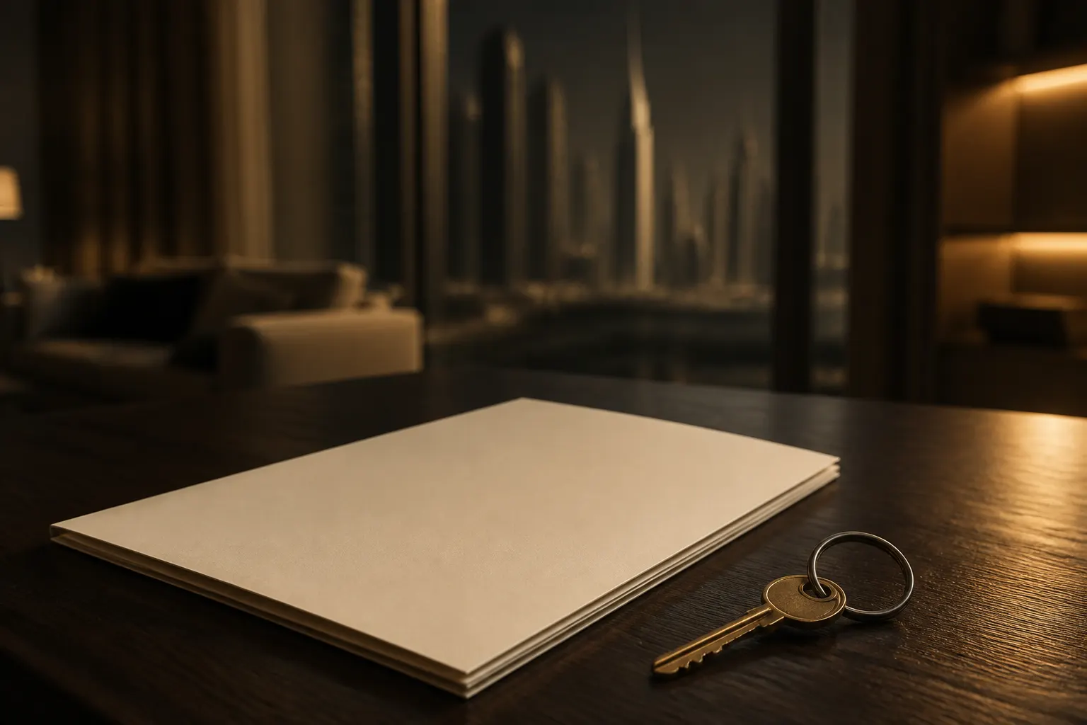 A tenancy contract folder and a set of apartment keys on a desk