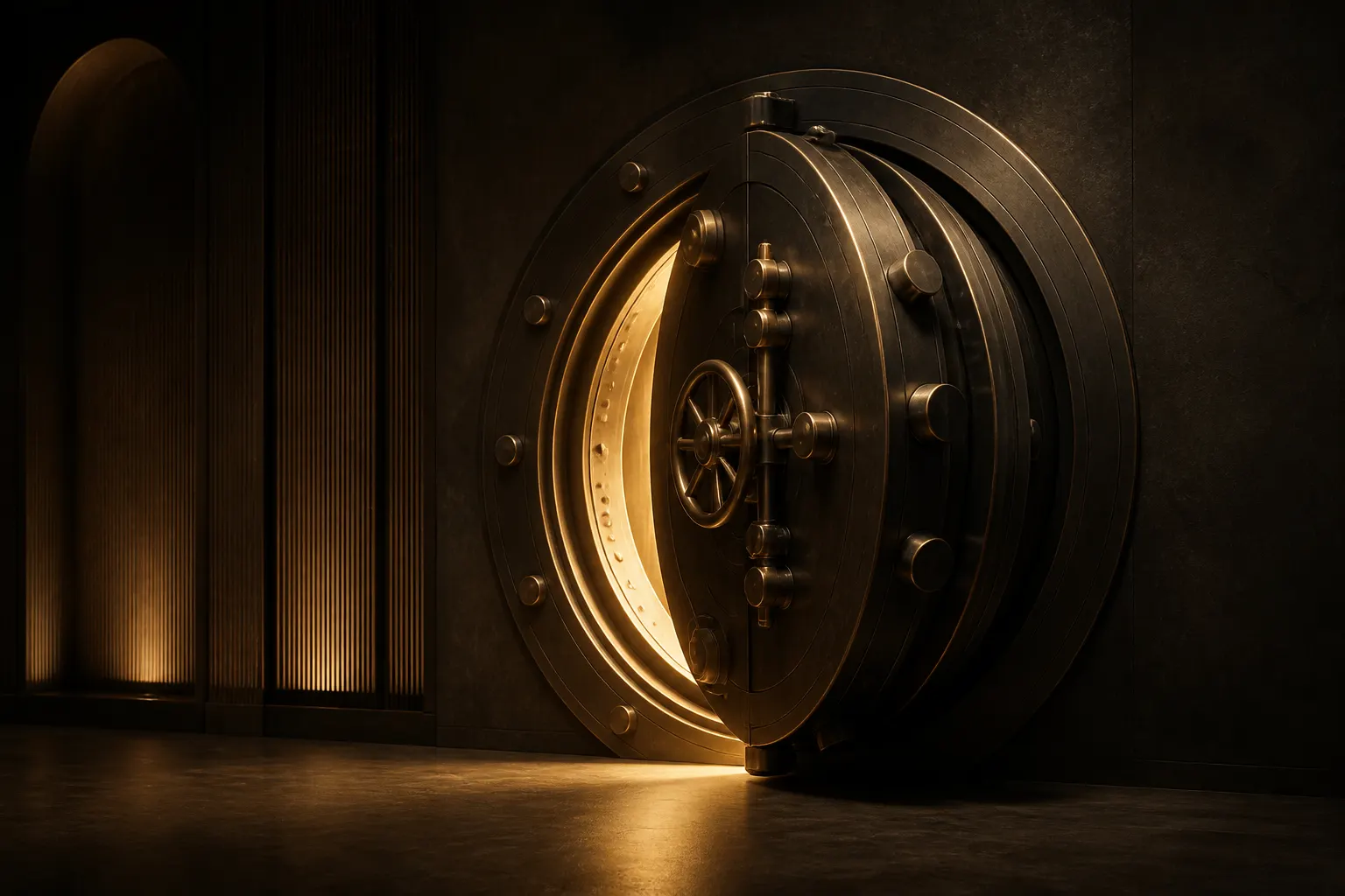 A bank vault door standing ajar with warm light spilling from within