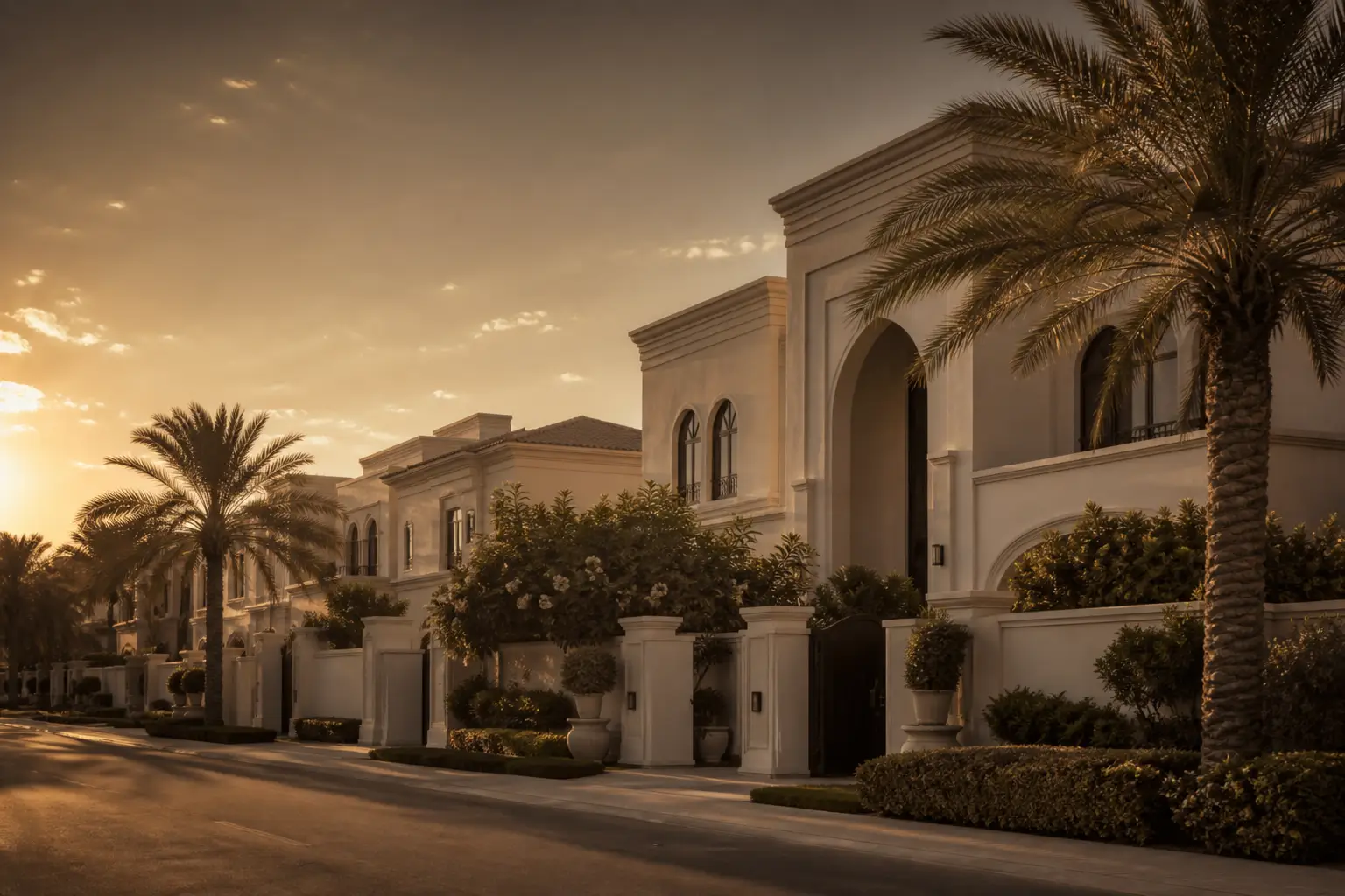 A palm-lined street of low-rise freehold villas in Dubai at golden hour