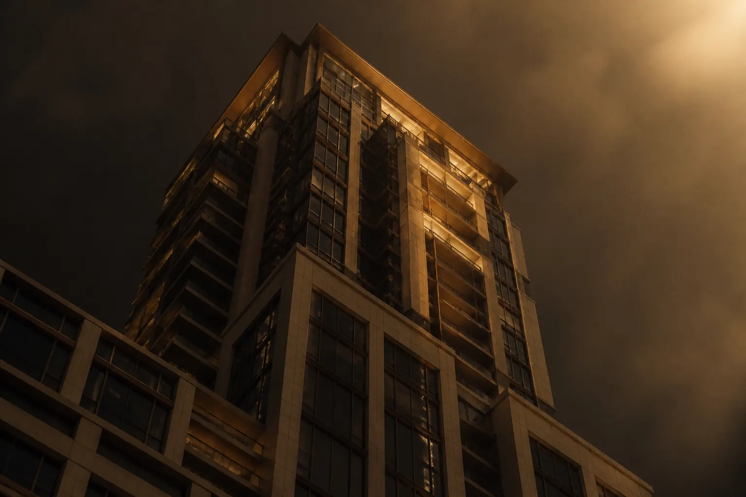 A tall Dubai residential tower viewed from below at dusk