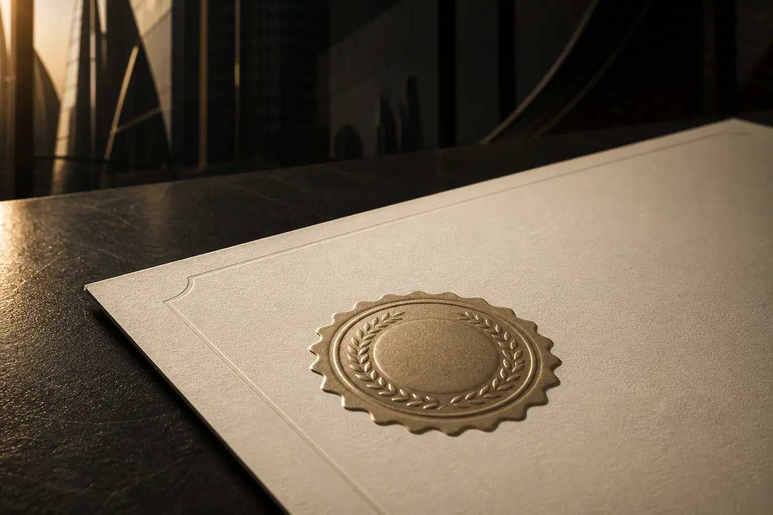 Close-up of an official certificate with an embossed seal on a desk