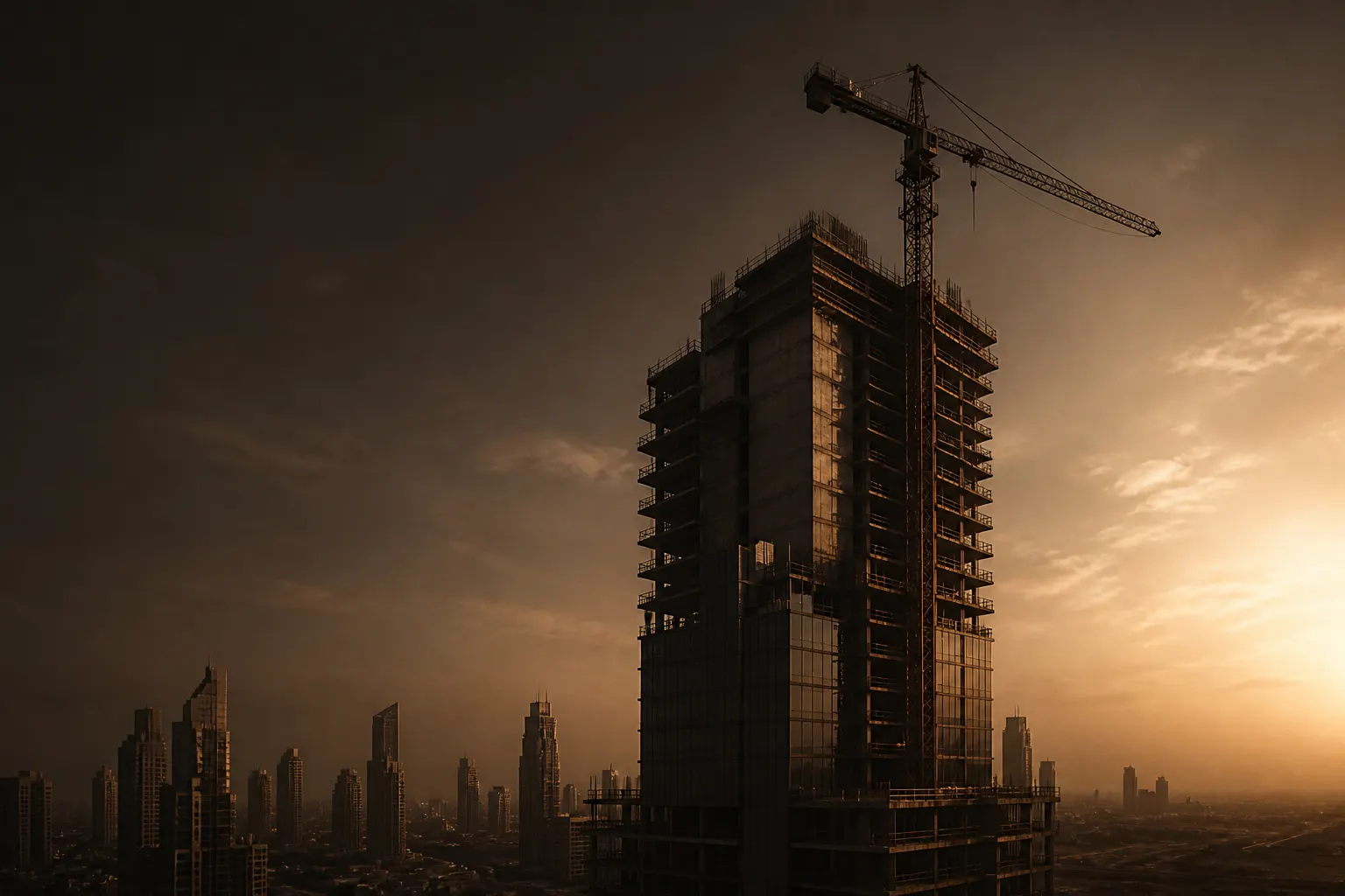 An off-plan Dubai tower under construction with a crane at dusk