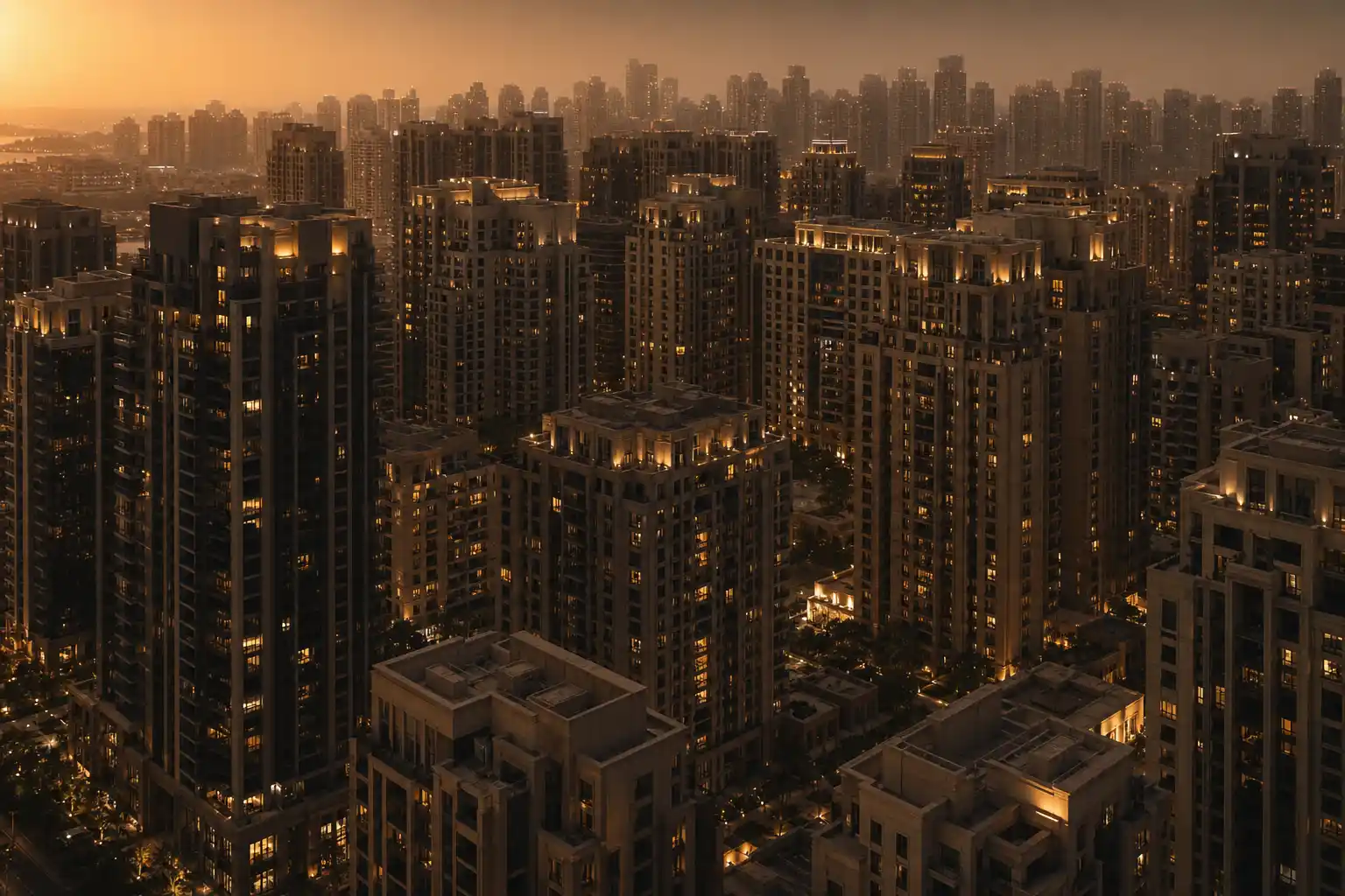 Aerial view of a dense cluster of Dubai apartment towers at dusk