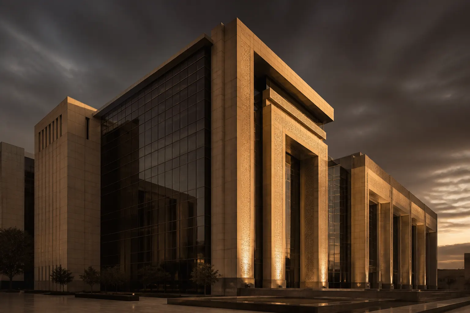 Low-angle view of a glass and stone government office building in Dubai at dusk