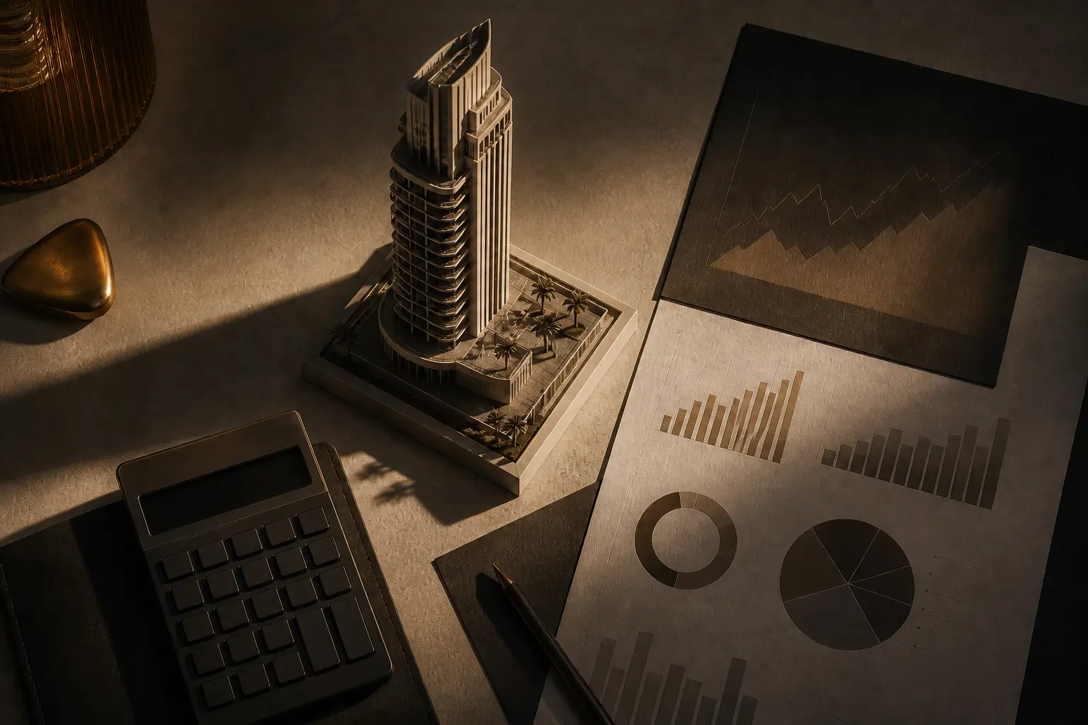 A desk flatlay with an architectural model, a calculator and printed financial charts