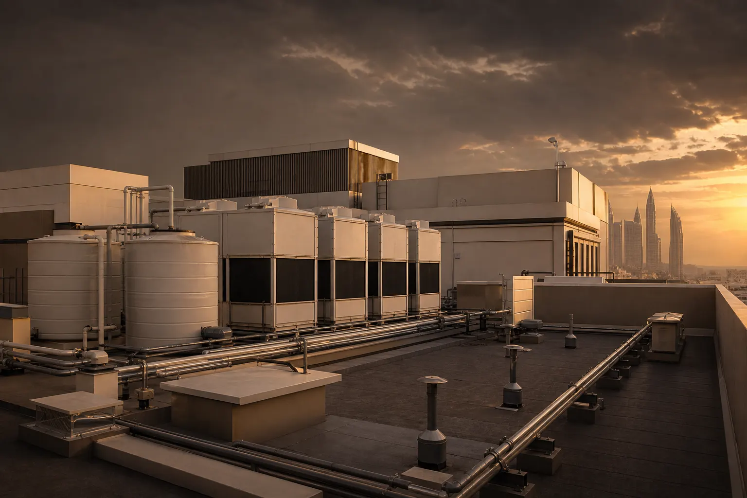 Rooftop mechanical services of a Dubai residential tower at dusk