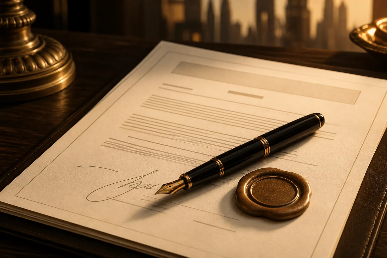 A fountain pen resting on a signed property contract beside a wax seal