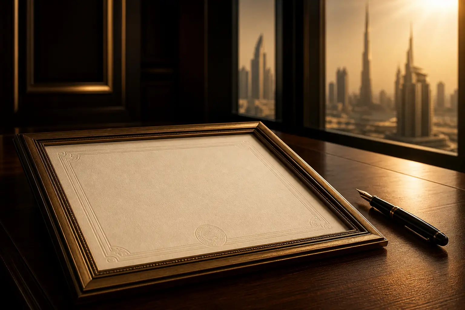A framed property ownership certificate on a desk beside a fountain pen