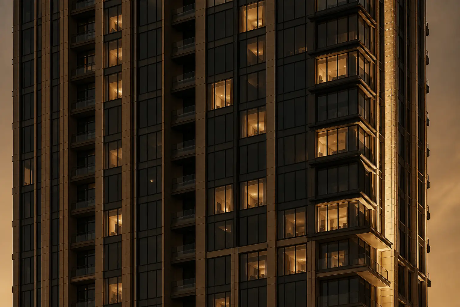 A Dubai residential tower facade at dusk with a mix of lit and dark windows