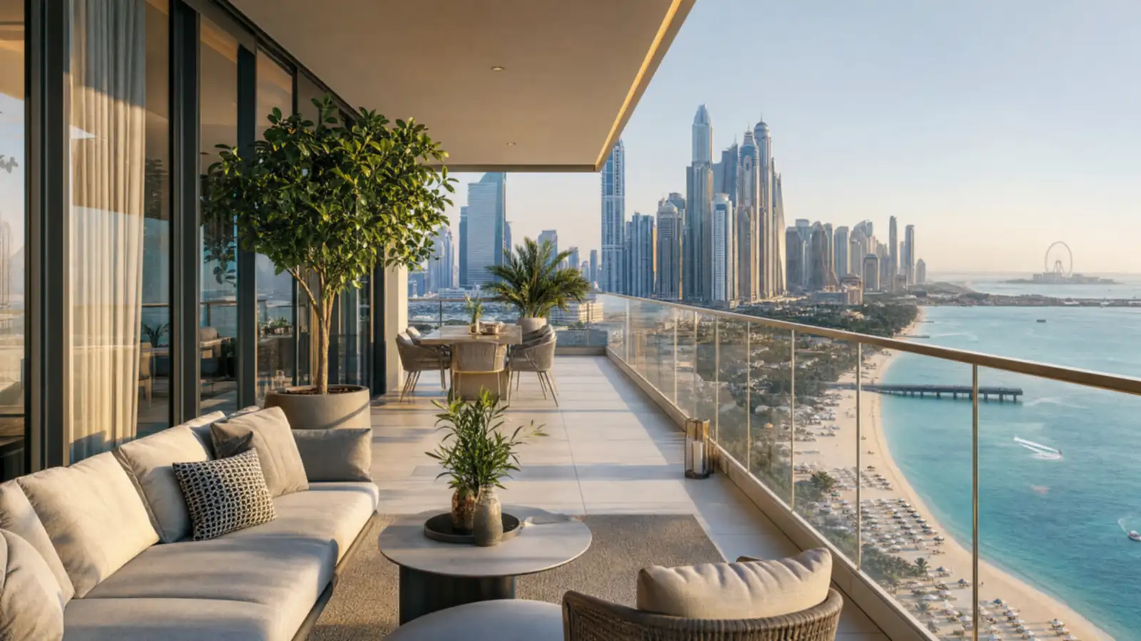 Furnished apartment terrace overlooking Dubai's beachfront and skyline in daylight