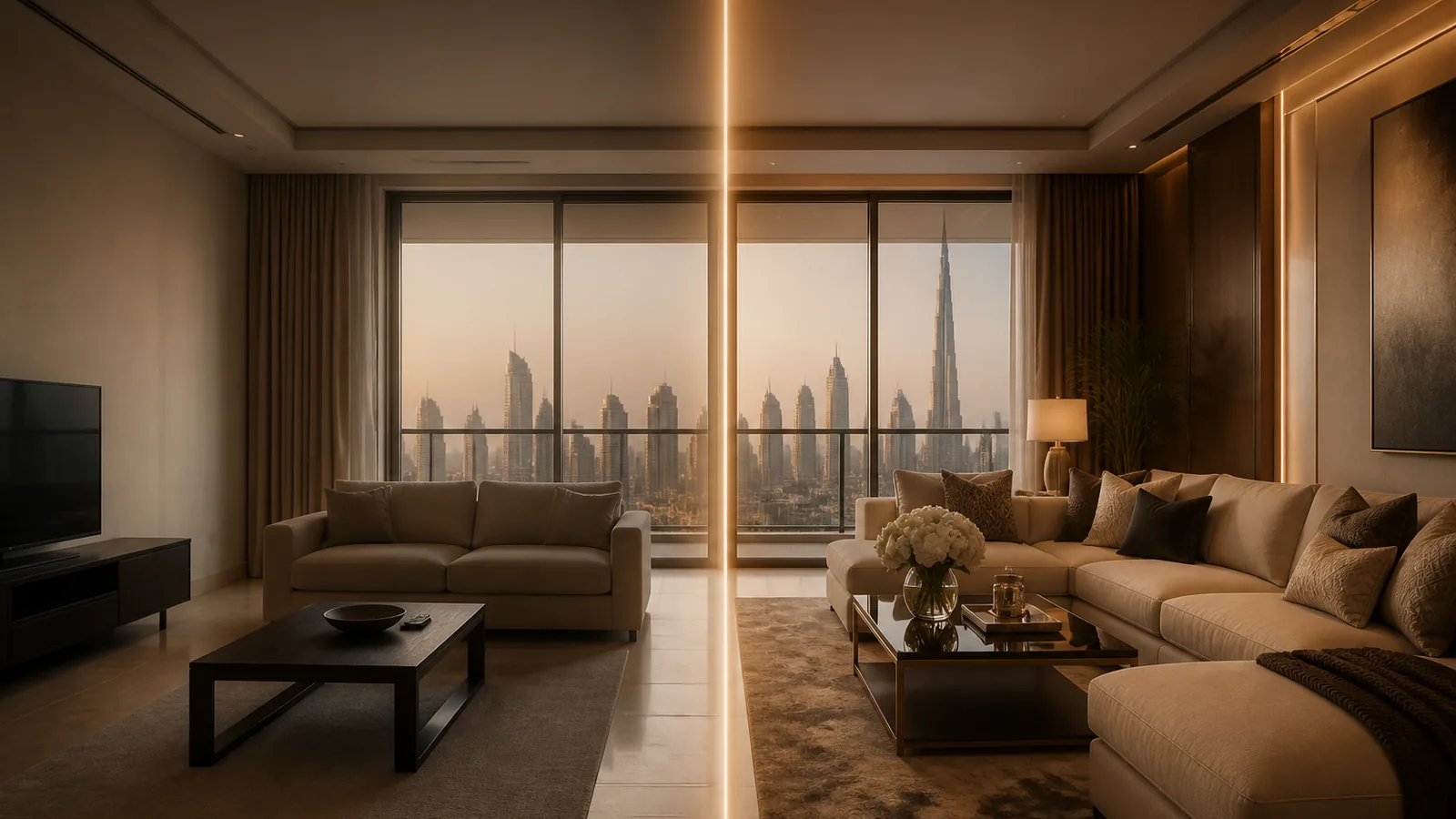 Split scene comparing a plain long-term rental apartment with a styled furnished holiday-home interior in Dubai