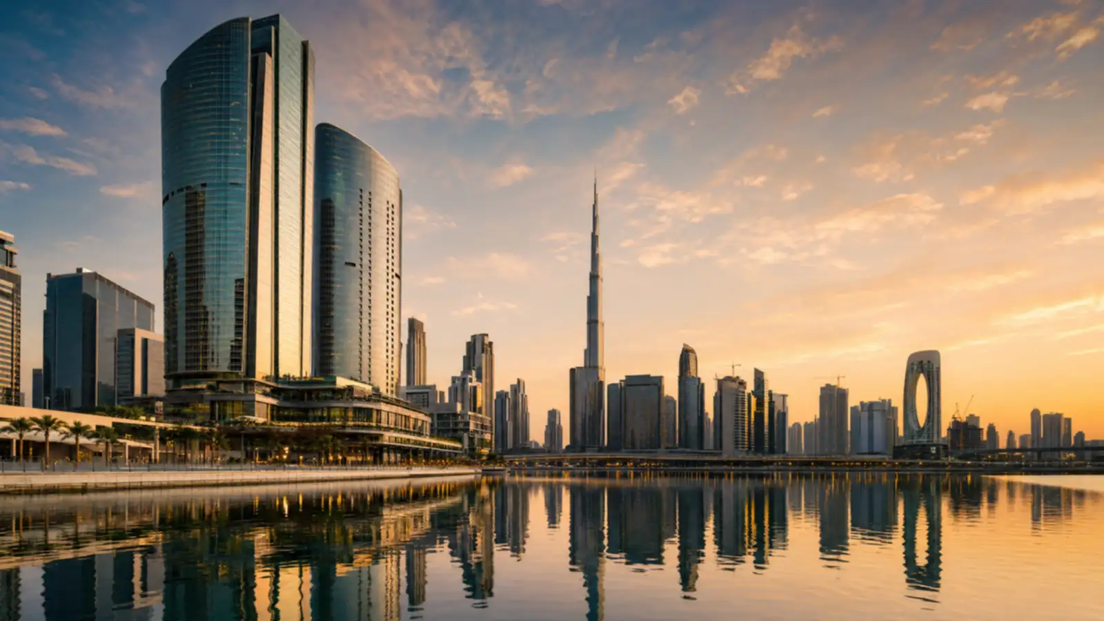 Dusk view of Business Bay's canal-front towers reflected in the calm water