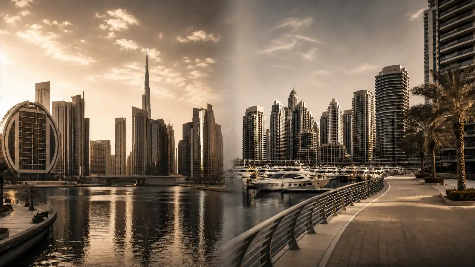 Split skyline view comparing Business Bay's canal towers with Dubai Marina's waterfront towers