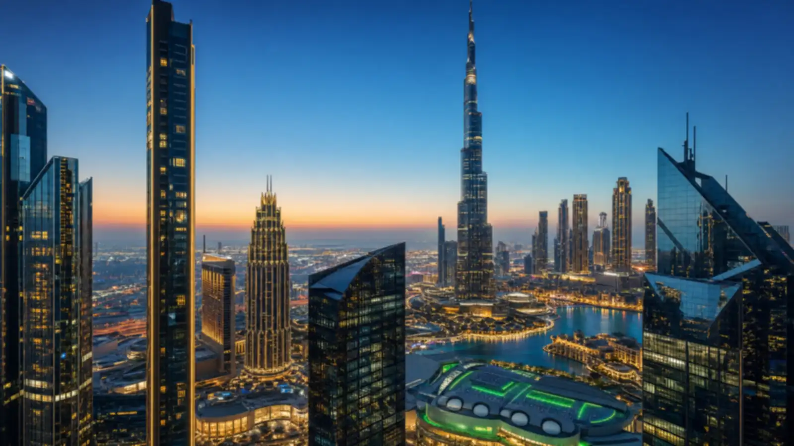 Wide dusk view of Downtown Dubai's skyline with the Burj Khalifa area glowing warmly