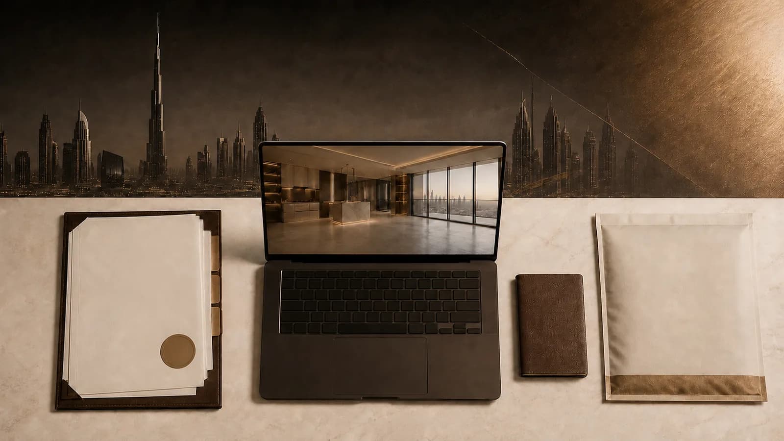 Laptop video call, power-of-attorney document and courier envelope arranged for a remote Dubai property purchase
