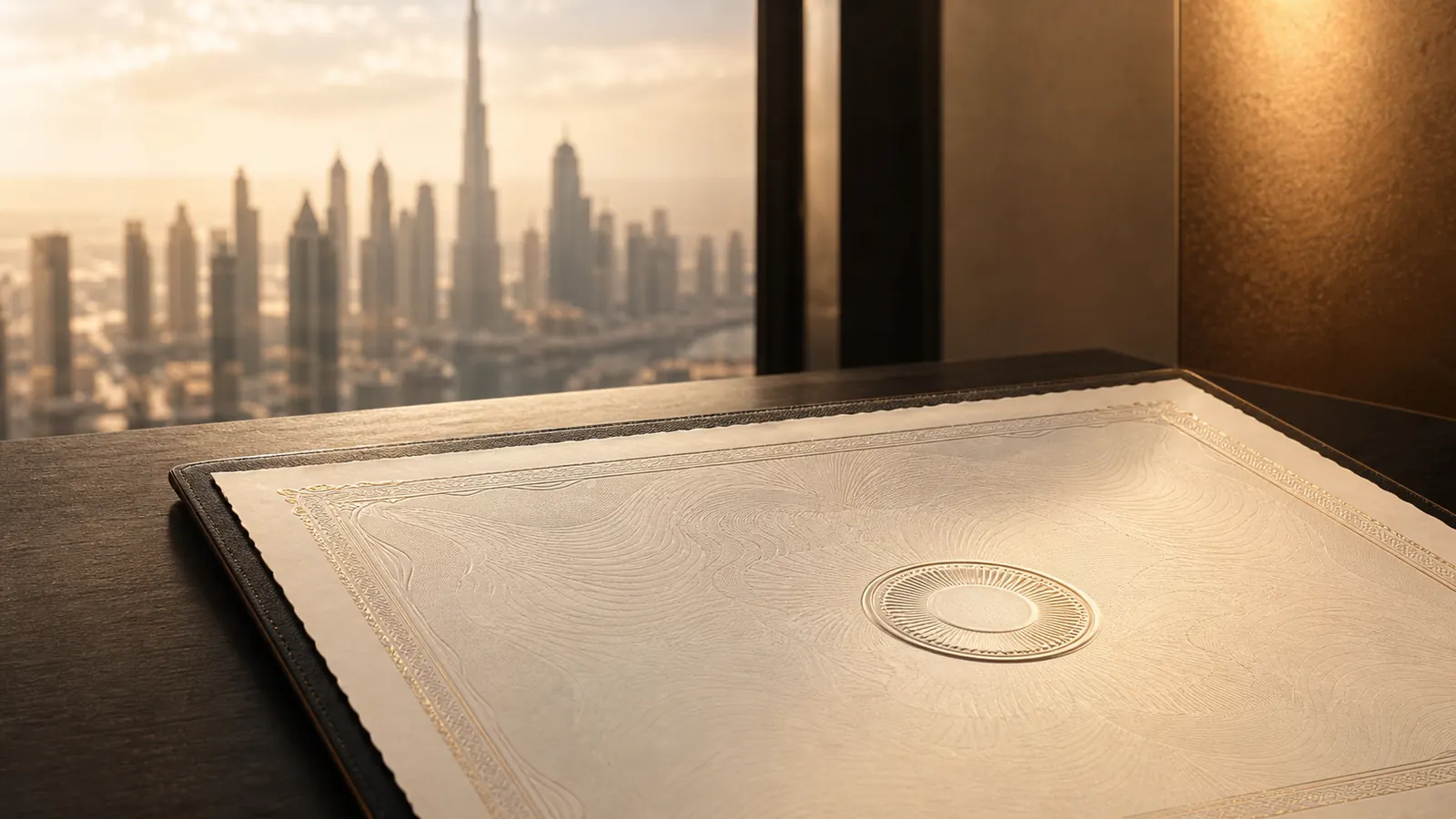Dubai property title deed document on a desk with the city skyline visible through the window