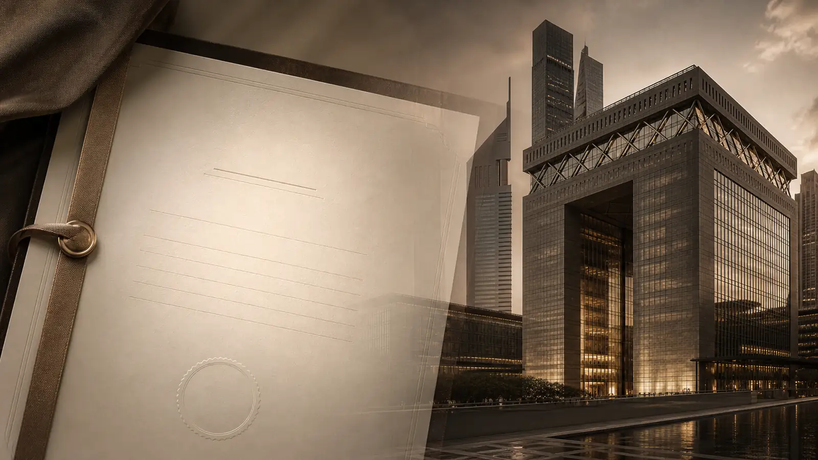 מסמך רישום צוואת DIFC לצד חזית בניין זכוכית באזור הפיננסי של דובאי
