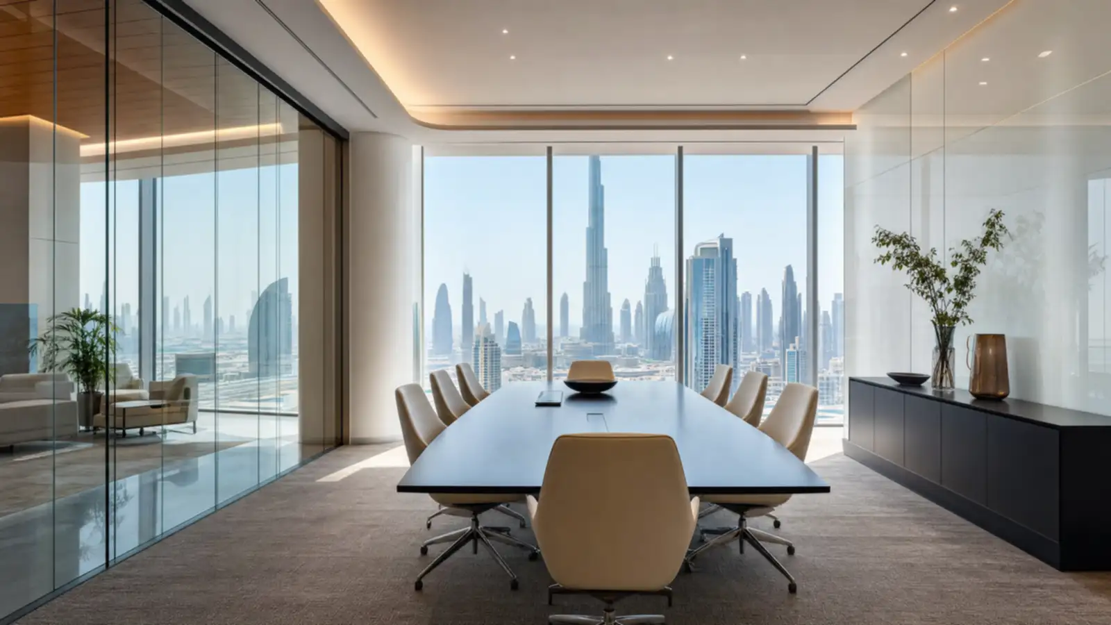 Bright modern meeting room in a Dubai office tower overlooking the city skyline