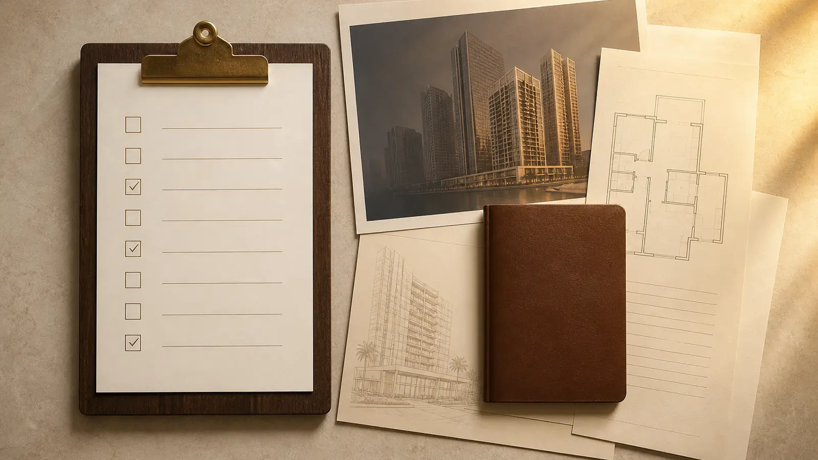 Overhead view of a buying-process checklist, passport and property documents arranged on a desk