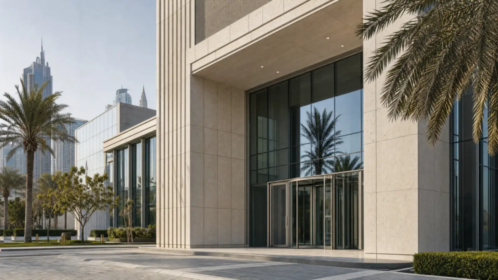 Formal glass-and-stone facade of a Dubai financial institution building in daylight