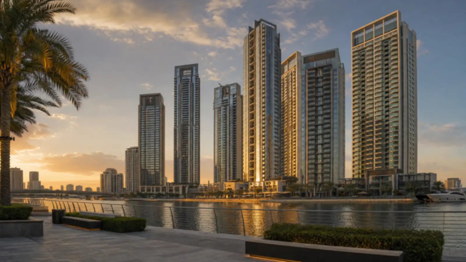 Sunset view of a luxury Dubai residential tower cluster from a waterside promenade