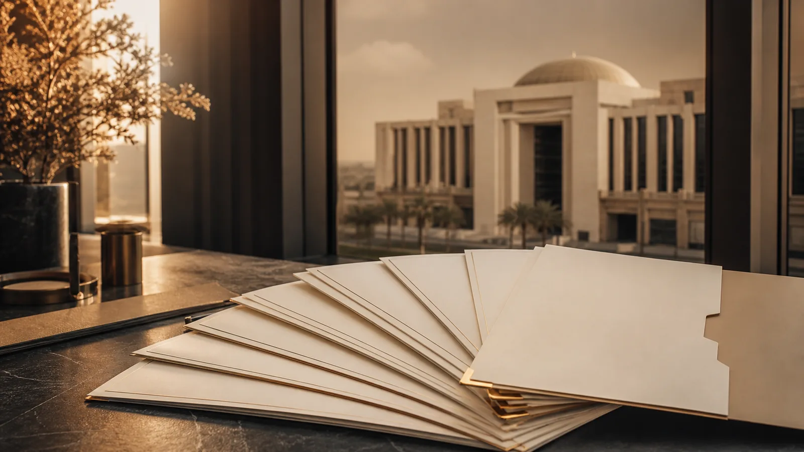 Golden Visa application documents on a desk with the Dubai Land Department building visible behind