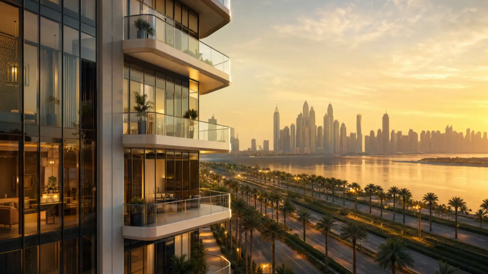 Premium high-rise residential tower in Dubai at golden hour above a palm-lined boulevard
