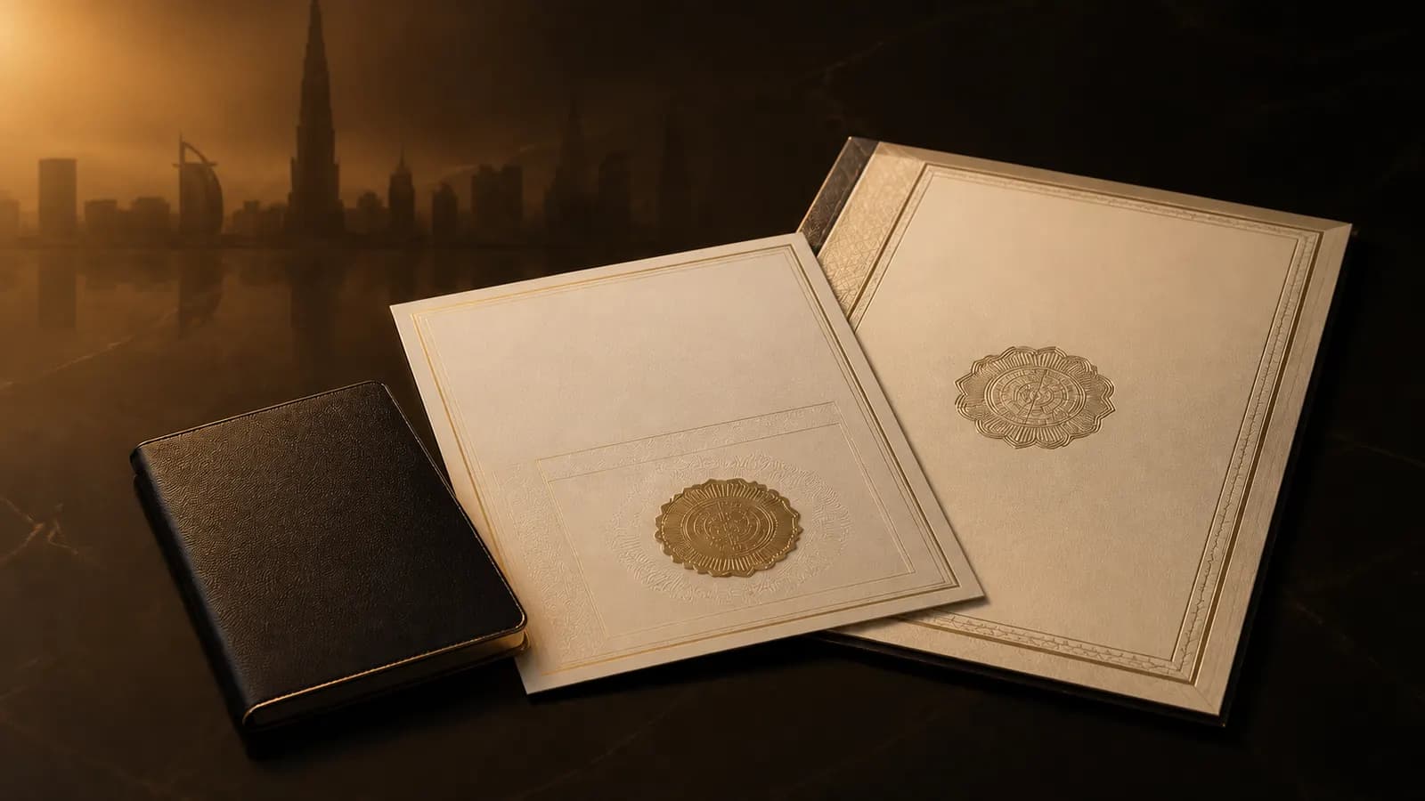 Passport, Golden Visa approval document and a property title deed arranged together
