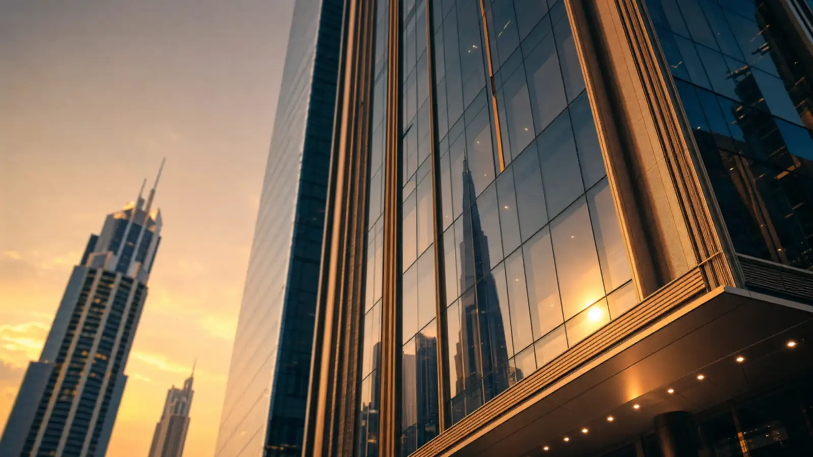 Low-angle view of a Dubai finance-district glass tower facade glowing in warm dusk light