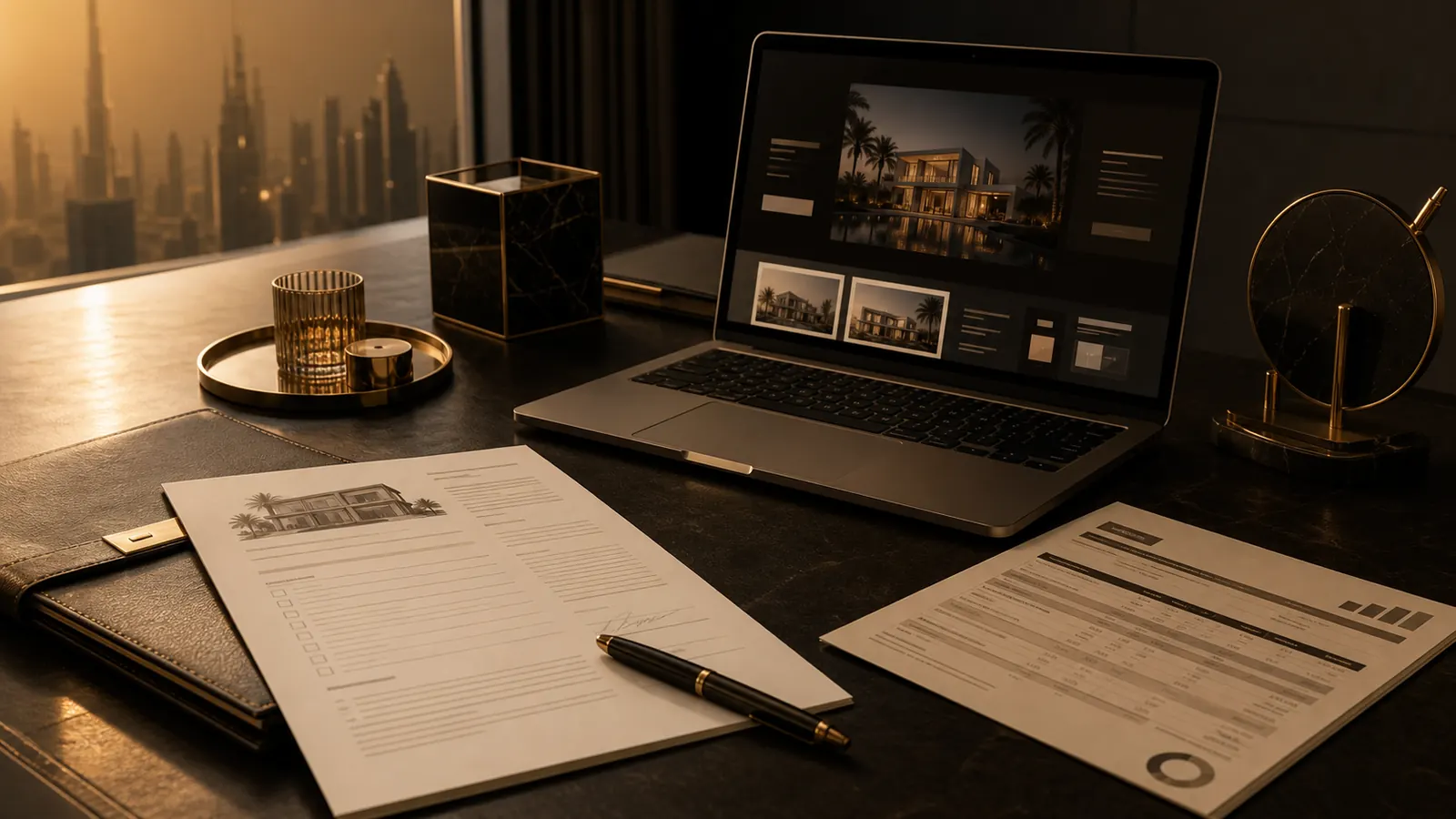Mortgage application documents and a bank statement beside a laptop showing a Dubai property listing