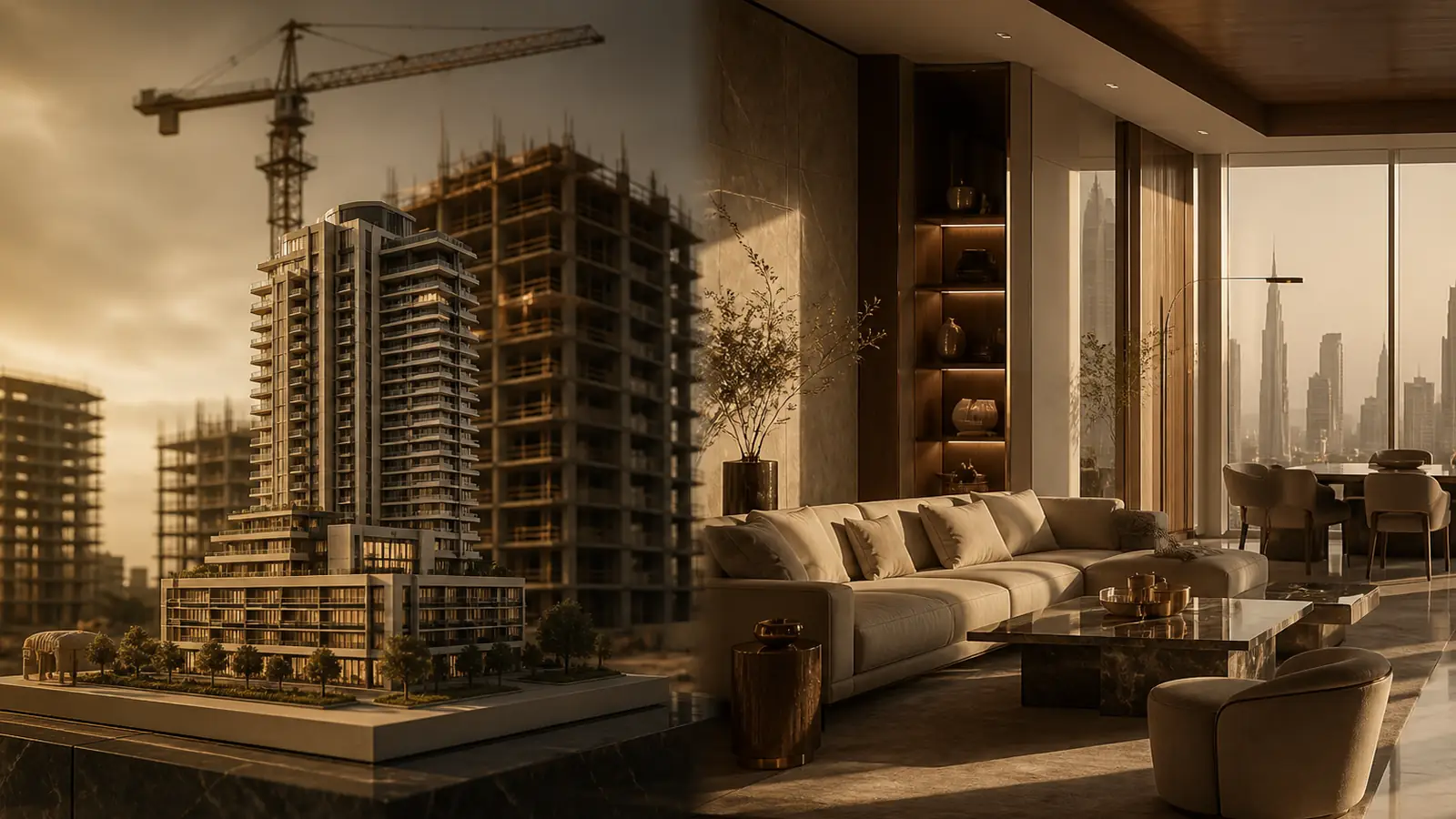 Split scene comparing a construction crane and scale model with a finished, furnished Dubai apartment