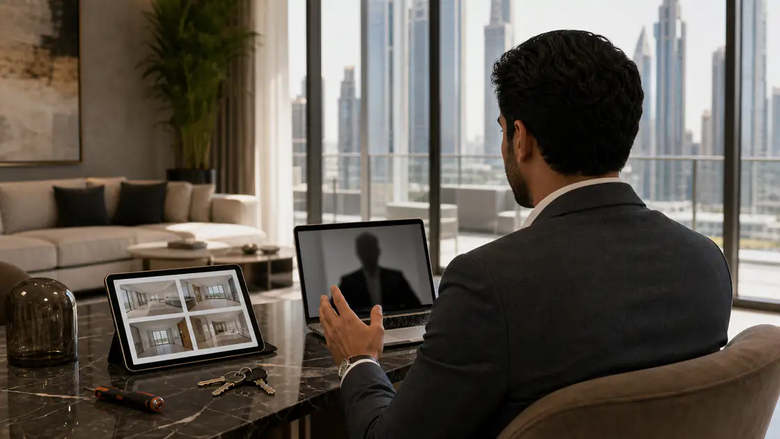 Overseas owner reviewing Dubai rental management reports and property documents