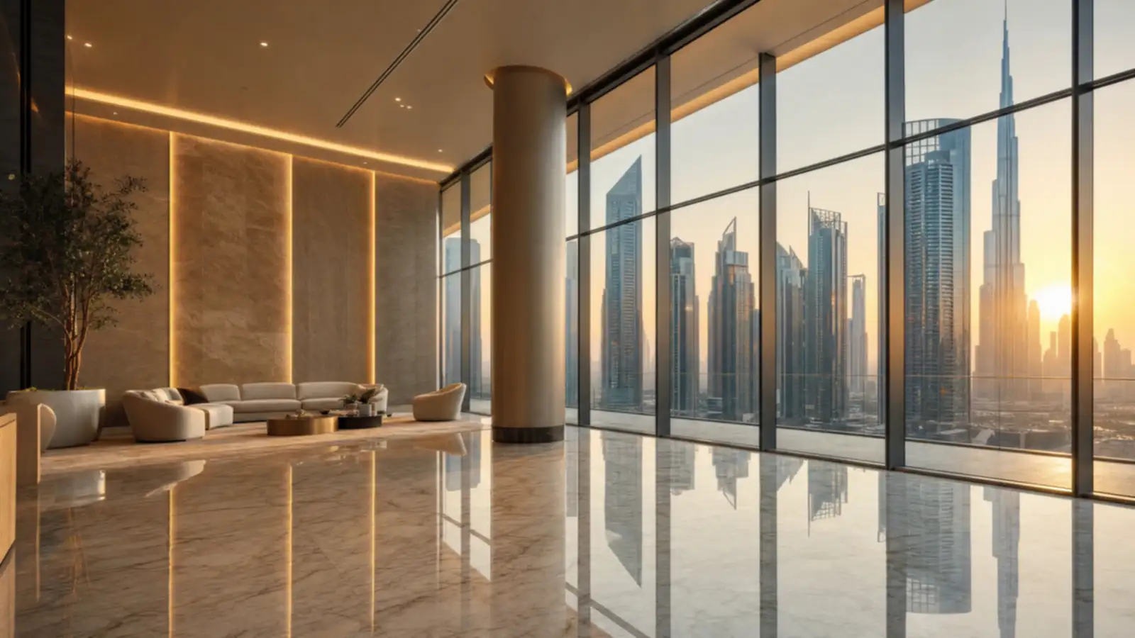 Marble-floored lobby of a premium Dubai office tower with a glass wall overlooking the skyline